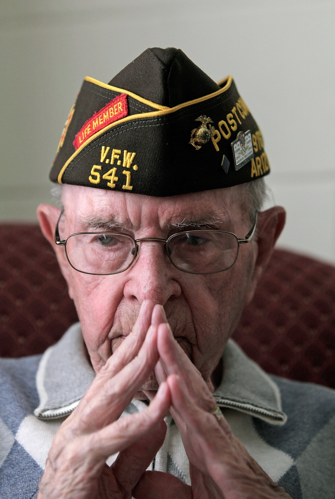 John McLeod, 91, a Marine veteran, interviewed Monday at his home in Westbrook, talks about working side by side with Navajo code talkers during World War II.