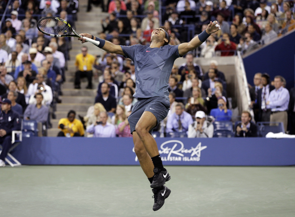 In this Sept. 9, 2013, file photo, Rafael Nadal, of Spain, reacts after defeating Novak Djokovic, of Serbia, during the men’s singles final of the 2013 U.S. Open tennis tournament.