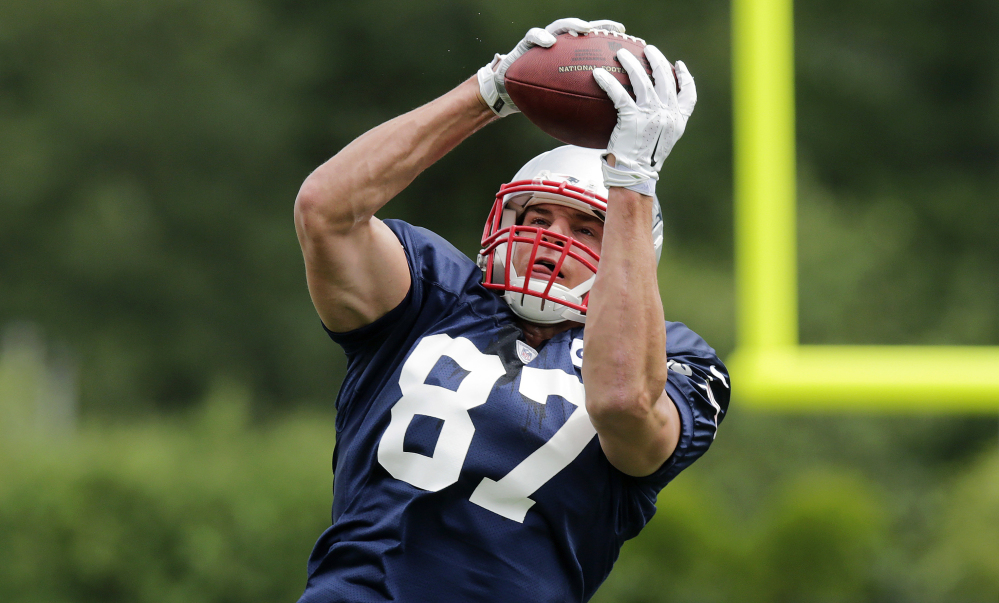 AP photo
New England Patriots tight end Rob Gronkowski participated in contact drills Monday for the first time since tearing the ACL and MCL in his knee last season.