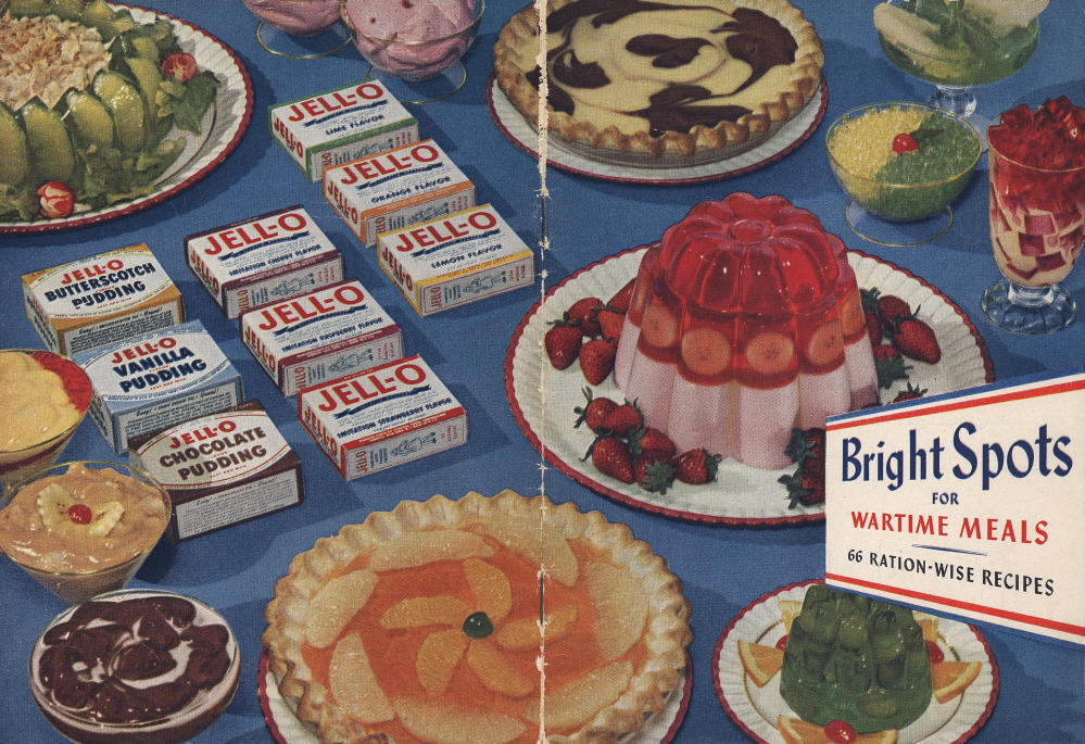 This image provided by Kraft Foods shows the cover of “Bright Spots for Wartime Meals,” a Jell-O recipe book published by General Foods in 1944. Despite its enduring place in pop culture, Jell-O sales have tumbled 19 percent from five years ago, with alternatives such as Greek yogurt surging in popularity.  (AP Photo/Kraft Foods)