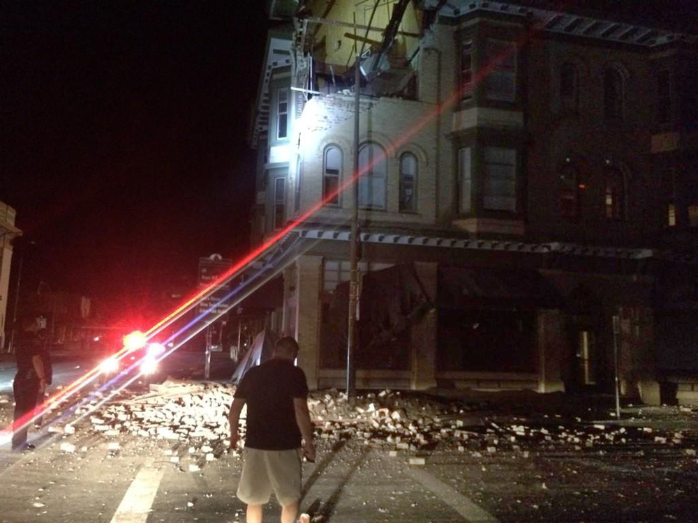 Officials say an earthquake with a preliminary magnitude of 6.0 was reported in California’s northern San Francisco Bay area. Among the damages is a building in Napa, Calif..