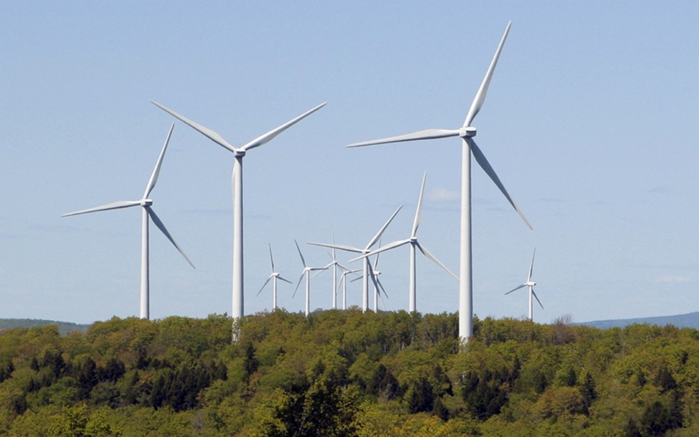 An array of wind turbines at First Wind’s Stetson wind farm in Washington County near Danforth. First Wind has won preliminary approval from the state Department of Environmental Protection for a 62-turbine wind farm in the Bingham Area.
