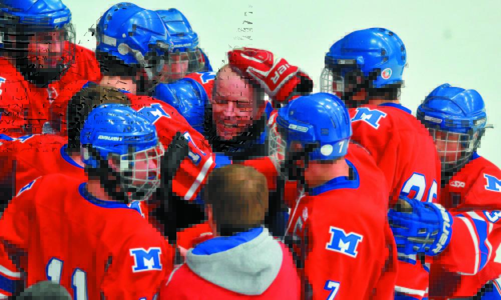 Members of the Messalonskee hockey team mob coach Mike Latendresse after they defeated Brewer 5-2 in the 2012 Eastern B championship game at Alfond Arena in Orono. Latendresse recently resigned from Messalonskee to pursue other opportunities.