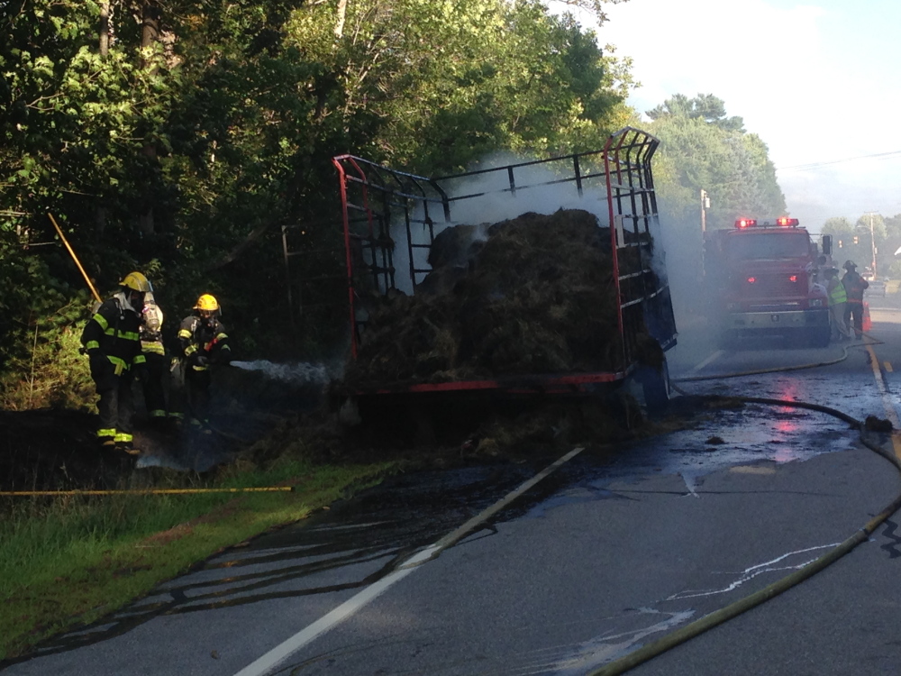 A trailer full of hay burned on Route 126 in West Gardiner Wednesday afternoon. Owner Herbert Moreshead speculated it was started by a cigarette from a passing motorist or sparks from his trailer.