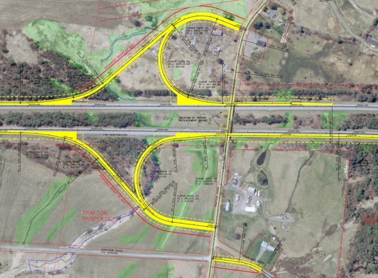 This is a diagram of the preferred alternative for a new interchange at Interstate 95 and Trafton Road near the Waterville-Sidney municipal boundary. In the diagram, I-95 south to north is shown left to right through the center.