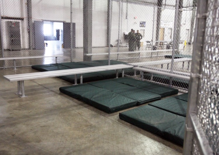 Sleeping mats line a holding cell at the new intake facility built to help alleviate overcrowding at the U.S. Customs and Border Protection's McAllen Station in McAllen, Texas. The facility is among those Maine Sen. Angus King is expected to visit on Friday. The Associated Press 