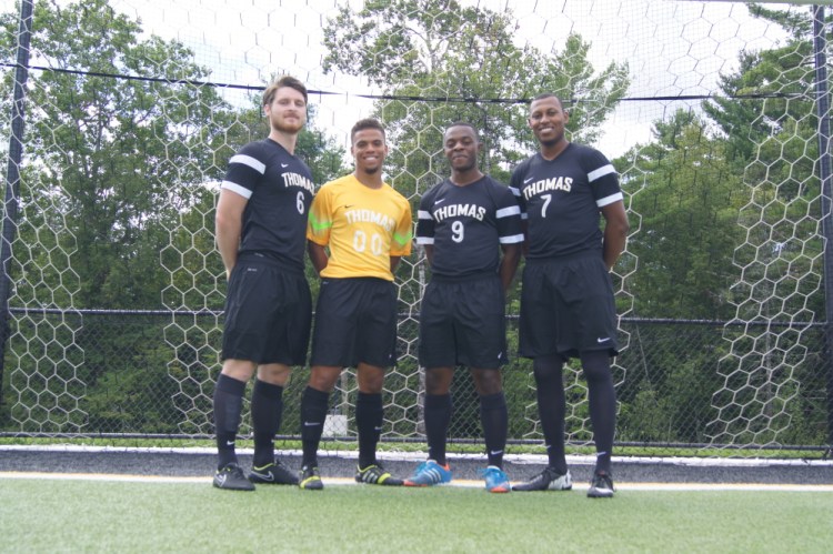 From left, Dakota Duplissie, Shaquille Trott, Jacob Sirois and Marcus Johnson lead the Thomas College men’s soccer team in to the 2014 season.
