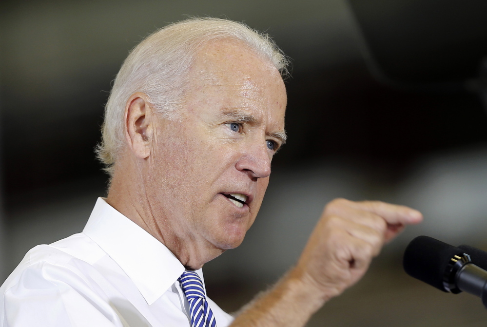 Vice President Joe Biden speaks about the killing of Steven Sotloff while visiting the Portsmouth Naval Shipyard in Portsmouth, N.H. Wednesday, Sept. 3, 2014. Biden said America will follow the terrorists who posted videos showing the beheading of two journalists "to the gates of hell." (AP Photo/Winslow Townson)