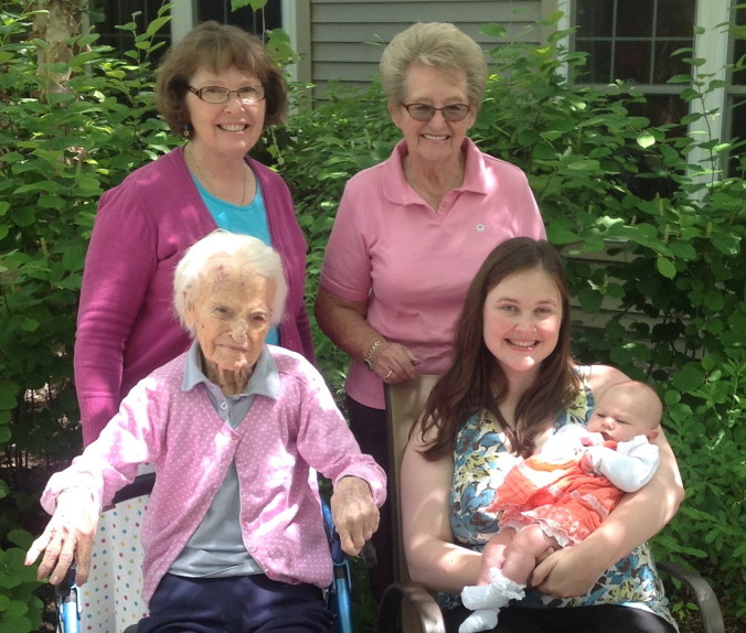 Five generations of daughters were photographed earlier this summer at Oak Grove Nursing Home, in Waterville. In front, from left, are Bertha Nielsen Chagnon, 106, of Clinton/Waterville; Grace Carter Shapiro, 28, of West Baldwin; and Madeleine MacKenzie Shapiro, two months, of West Baldwin. In back, from left, are Margaret Julia Carter, 61, of Ellsworth; and Norma Nielsen Julia, 84, of Fairfield.