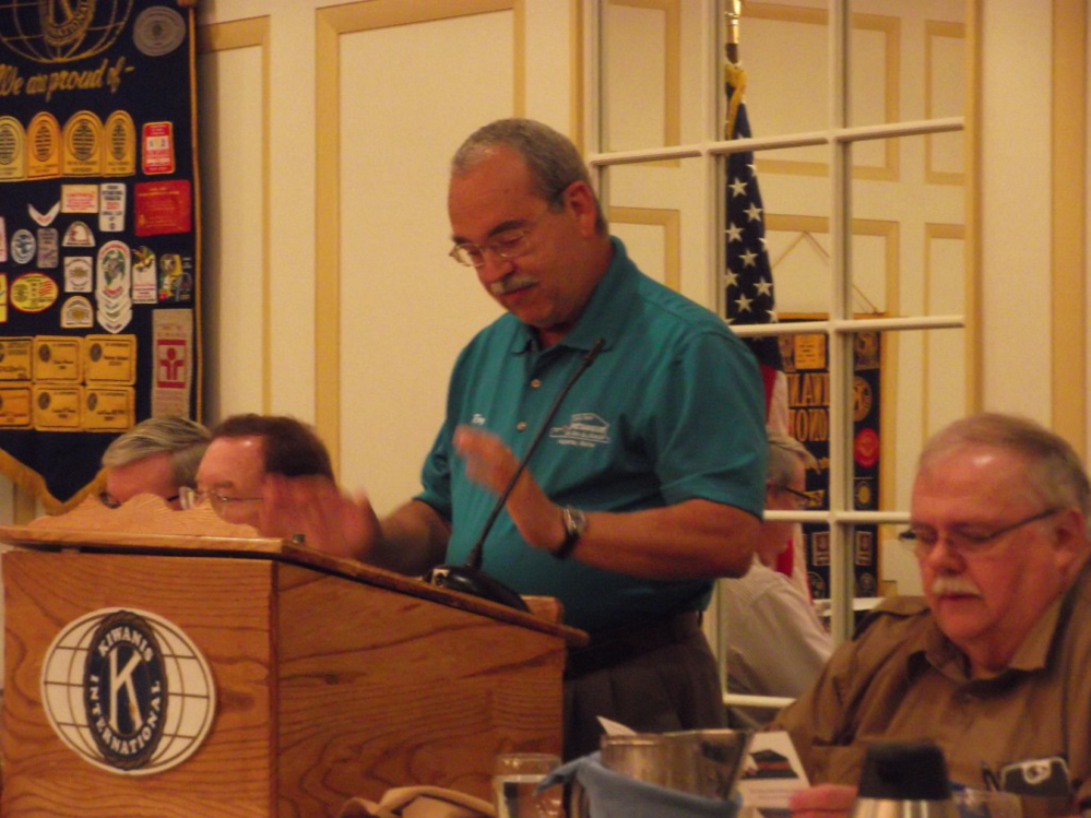 Ray Fecteau of Mill Park Petanque talks about the game of petanque at a recent meeting of the Augusta Kiwanis Club, where he also shared an informational video about the sport. The low-cost game utilizes metal balls which are thrown as close as possible to a smaller ball.