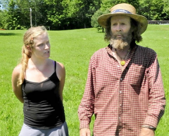 Harry Brown and his daughter, Elizabeth Smedberg, discuss their opposition to a proposed cell tower next to their family farm in Starks in 2013. Brown and his wife, Cindy, have appealed a Superior Court decision upholding the town’s decision to allow construction of the cell tower.