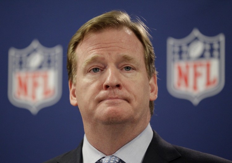 In this May 2012, file photo, NFL Commissioner Roger Goodell pauses during a new conference in Atlanta. A law enforcement official says he sent a video of Ray Rice punching his then-fiancee to an NFL employee three months ago, while league executives have insisted they didn’t see the violent images until they were published this week.