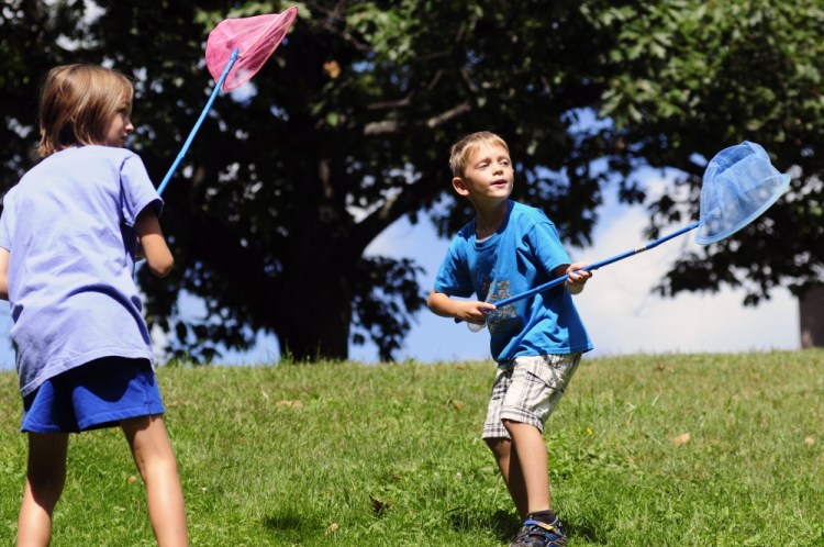 Abby Harrison, 9, left, and Archer Harrison, 5, both of Hope, chase a butterfly during Bug Maine-ia at the Maine State Museum on Wednesday in Augusta.