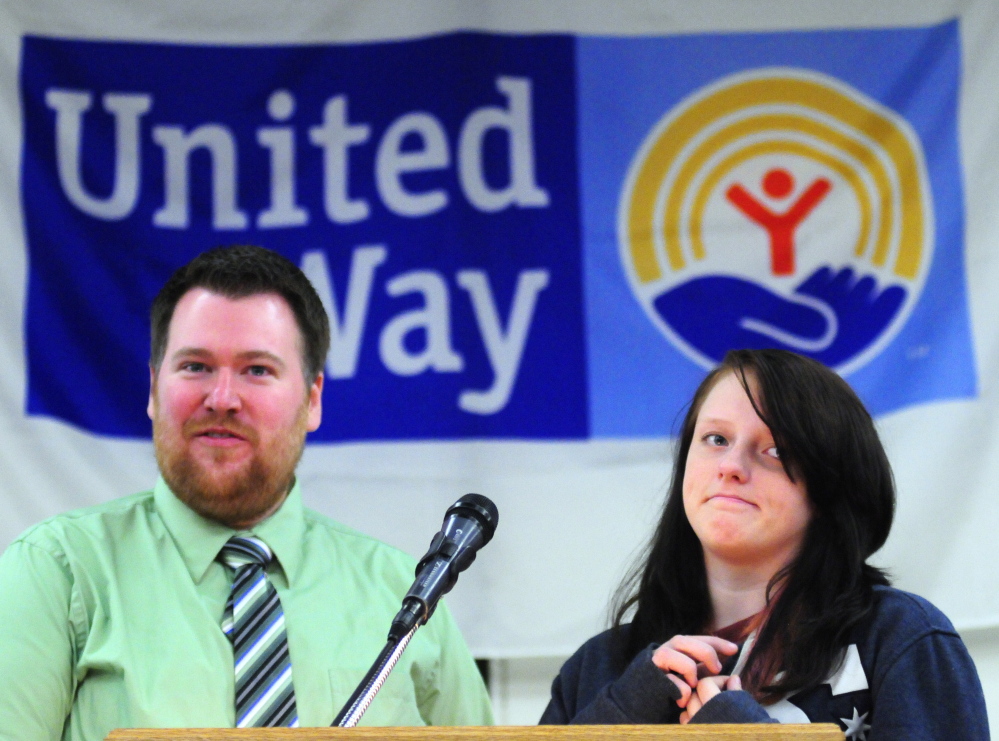 Executive Director Darren Joyce and club member Lilly Perkins talk about the Augusta Boys and Girls Club during the United Way of Kennbec Valley annual campaign kickoff event on Thursday at the Augusta Civic Center.