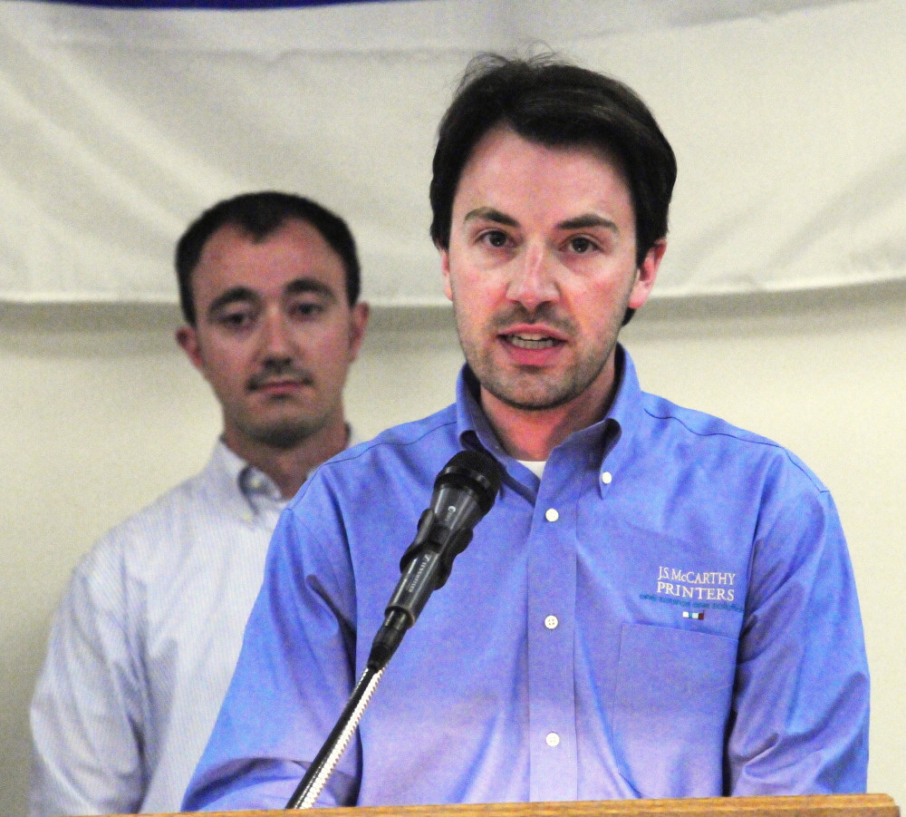 Campaign co-chairmen Michael Tardiff, front, and his brother Mattew Tardiff during the United Way of Kennbec Valley annual campaign kickoff event on Thursday in the Augusta Civic Center.