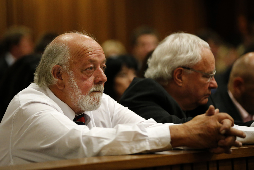 Father of the late Reeva Steenkamp, Barry Steenkamp, sits in court at the trial of Oscar Pistorius in Pretoria, South Africa, Friday.