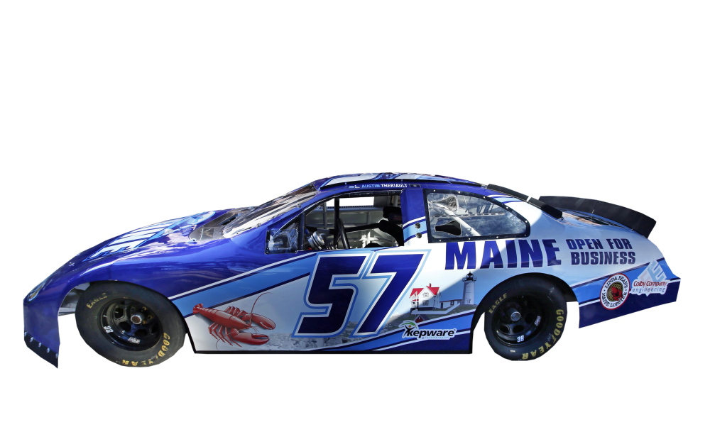 A race car being billed as the “Maine Open for Business Chevrolet,” is introduced tot he public, Friday, Sept. 12, 2014, in Portland, Maine. The marketing slogan was introduced by Maine Gov. Paul LePage. The high-speed billboard for Maine was partially funded by taxpayers. (AP Photo/Robert F. Bukaty)
