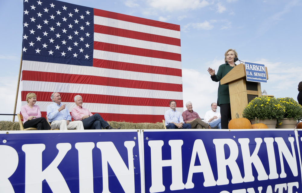 Former Secretary of State Hillary Rodham Clinton speaks during U.S. Sen. Tom Harkin’s annual fundraising Steak Fry, Sunday in Indianola, Iowa.