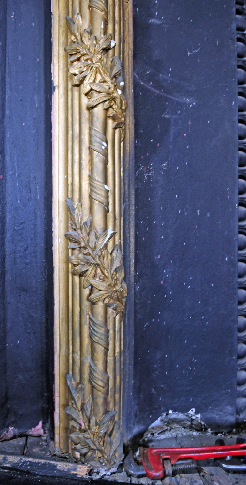The gold trim around the proscenium arch in the third floor theater space at Gardiner’s Johnson Hall.