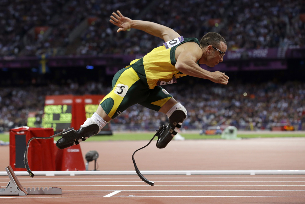 In this file photo South Africa’s Oscar Pistorius starts in the men’s 400-meter semifinal during the athletics in the Olympic Stadium at the 2012 Summer Olympics, London.