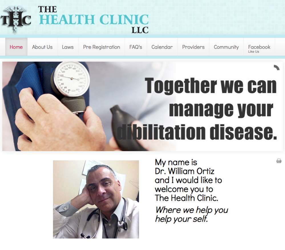 A screen shot of thehealthclinic.org website contains a photo of Dr. William Ortiz and the company’s logo – THC – which is also short for the active ingredient in marijuana.