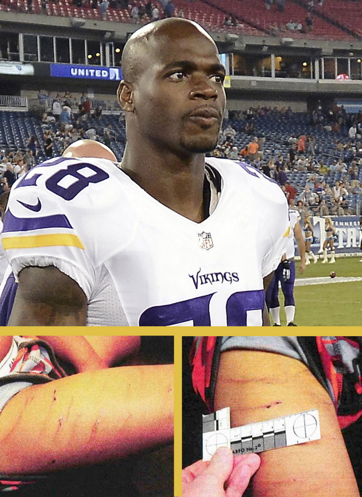 Photos by AP and Houston Police Department 
 Minnesota Vikings running back Adrian Peterson has been indicted on charges of felony child abuse because of wounds he inflicted on his 4-year-old son with a tree switch.