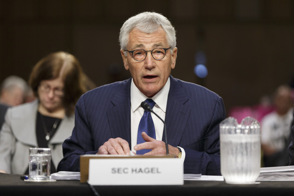 Defense Secretary Chuck Hagel testifies before the Senate Armed Services Committee, the first in a series of high-profile Capitol Hill hearings that will measure the president’s ability to rally congressional support for President Barack Obama’s strategy to combat Islamic State extremists in Iraq and Syria, in Washington, Tuesday.