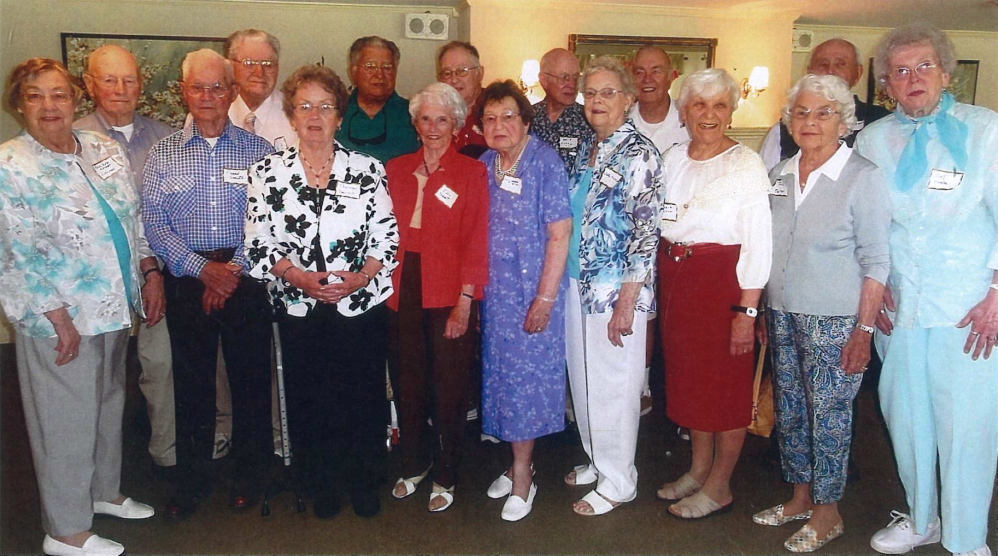 Cony High School, class of 1944, recently held its 70th reunion at the Augusta Country Club in Manchester. From left are Paulene Knight Liscomb, Dick Jordan, Frank Smith, Bob Butler, Theresa Robichaud Bennett, Dick Butler, Edwidge LaPointe Fossett, Luther Perkins, Lois Webber-Siegler, David Flood, Pauline Henderson Mansir, Ted Weaver, Winnifred Sobus Gingrow, Polly Cloutier Eaton, Horace Rodrigue, and Betty Mills Hanley.