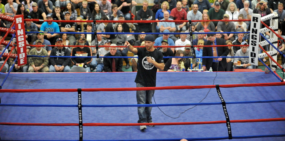 Staff file photo by Michael G. Seamans
Brandon “The Cannon” Berry talks to the sold-out crowd before at Carabec High School on April 26. Berry returned to the ring Thursday night in Manchester, N.H., where he improved to 7-0 after scoring a technical knockout decision over Theo Desjardin of North Attleboro, Mass.