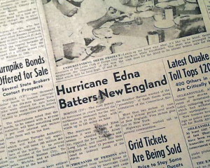 The Sept. 11, 1954, front page of The Russell (Kan.) Daily News carried an article about Hurricane Edna. According to Wikipedia, eight people drowned in Maine. In Unity, a family of 10 was trapped on top of their car, cut off by raging flood waters. A human chain of rescuers managed to save nine of them.
