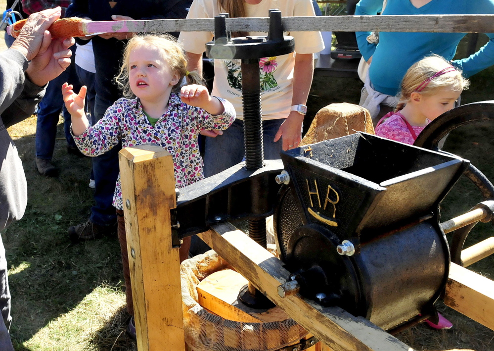 Evelyn Simons, of Vienna, reaches up to have a chance to turn the auger and press apples into cider during the 38th annual Common Ground Country Fair in Unity on Friday, which opened Friday.