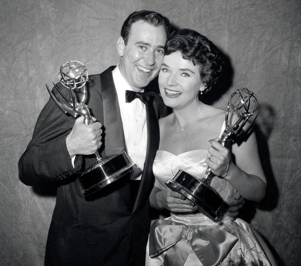 Writer Carl Reiner and actress Polly Bergen pose with their statuettes at the Emmy Awards presentations in New York in 1958. Reiner won for best continuing supporting performance by an actor in a dramatic or comedy series for “Caesar’s Hour.”  Bergen won best single performance by an actress in a lead or support role for “Playhouse 90:  Helen Morgan Story.” Bergen, an  Emmy-winning actress and singer, who in a long career played the terrorized wife in the original “Cape Fear” and the first woman president in “Kisses for My President,” died Saturday.