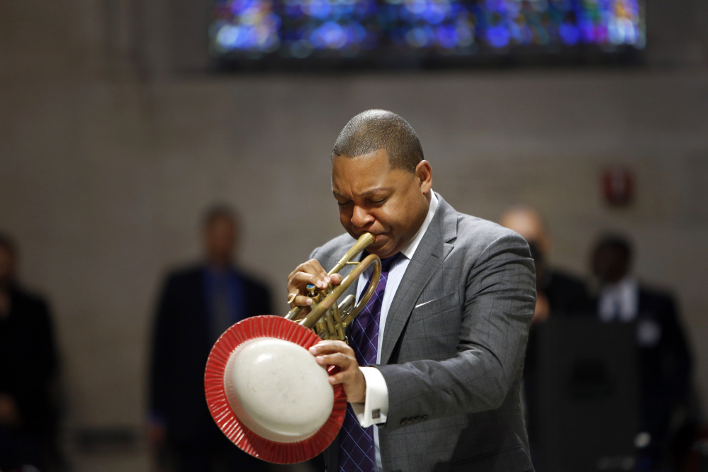 Musician Wynton Marsalis performs during a memorial service for actress Ruby Dee at The Riverside Church, Saturday, in New York.