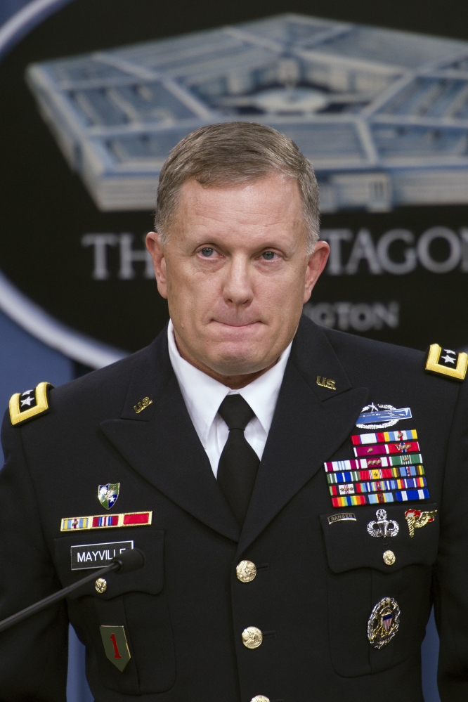 Army Lt. Gen. William Mayville Jr., the Pentagon’s operations chief, pauses while speaking about the operations in Syria on Tuesday during a news conference at the Pentagon. Mayville said the Khorasan Group was nearing “the execution phase of an attack either in Europe or the homeland.”