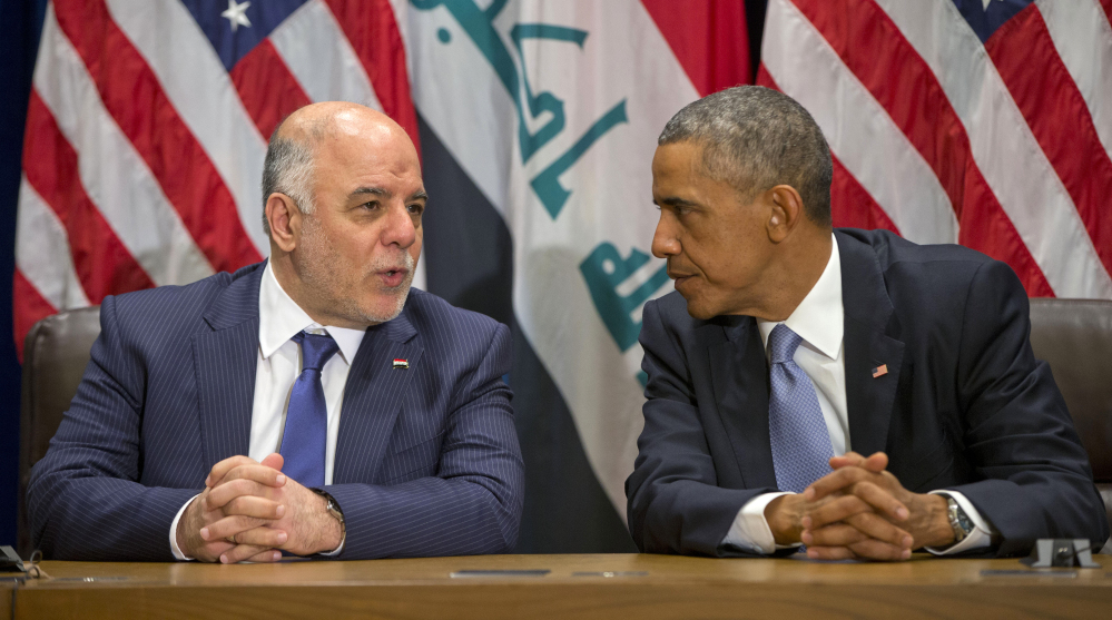 President Barack Obama meets with Iraqi Prime Minister Haider al-Abadi at the United Nations headquarters on Wednesday.