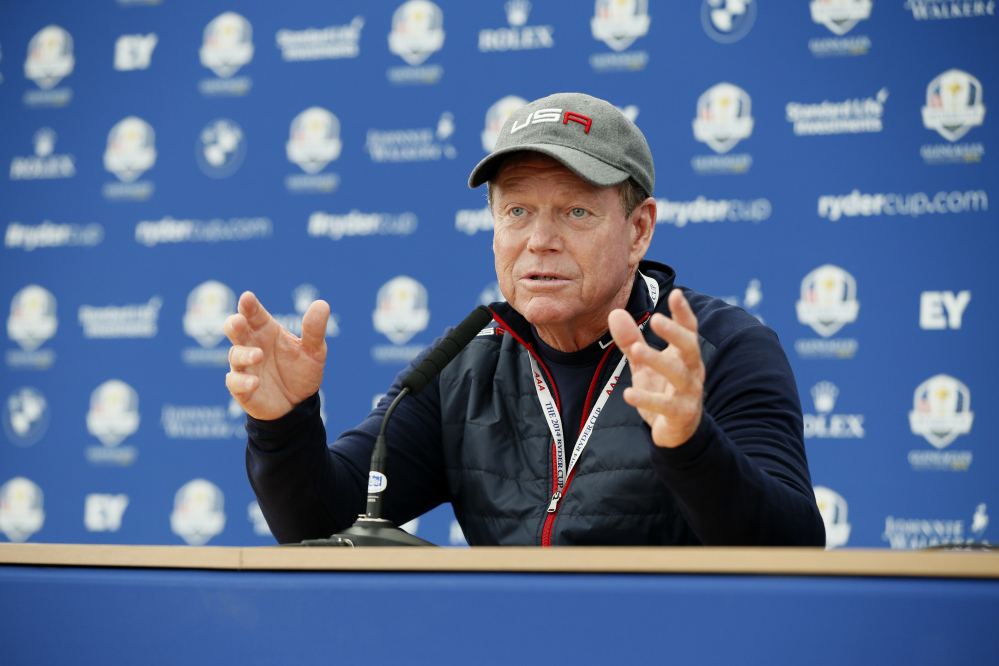 Tom Watson speaks during a press conference Wednesday ahead of the Ryder Cup at Gleneagles, Scotland. Watson is the oldest captain in US history.