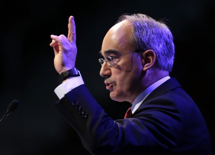 Congressional candidate Bruce Poliquin speaks at the Maine GOP Convention in April in Bangor. National Republicans have reserved $1.5 million in ad time in Maine through election day in support of Poliquin. (AP Photo/Robert F. Bukaty)