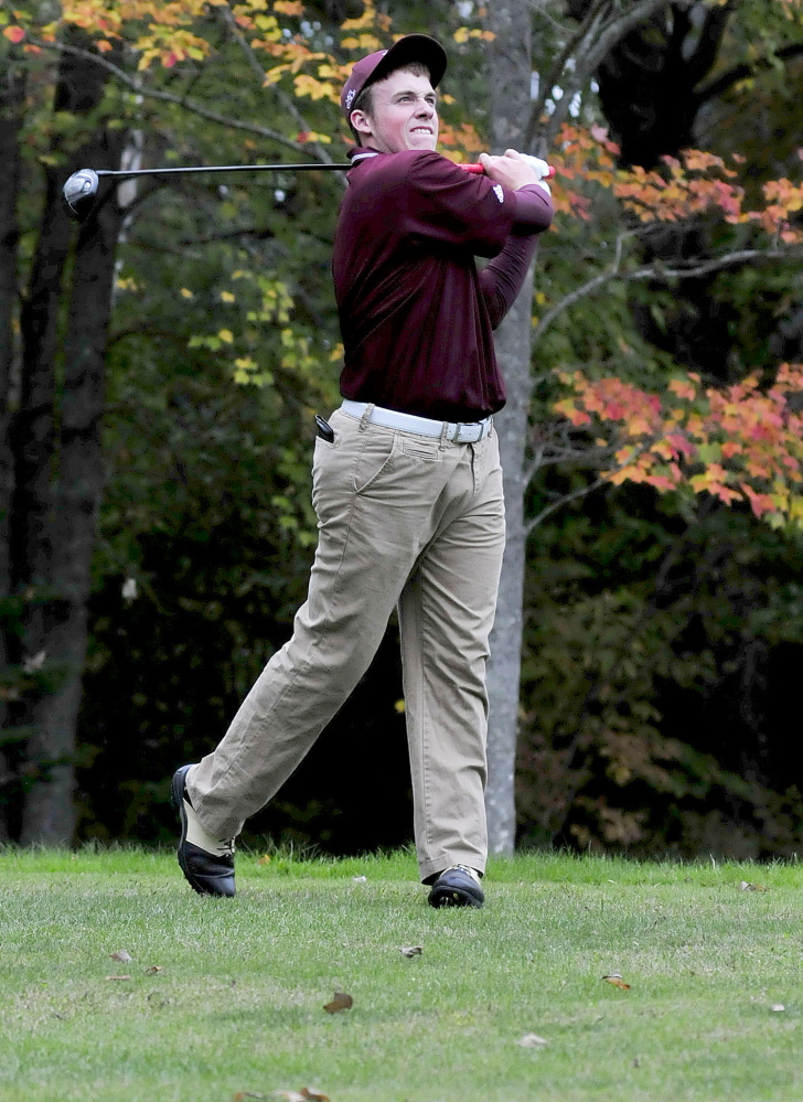 ‘Maine Central Institute golfer Gavin Dugas competes against Waterville at the J.W. Parks course in Pittsfield on Monday.
