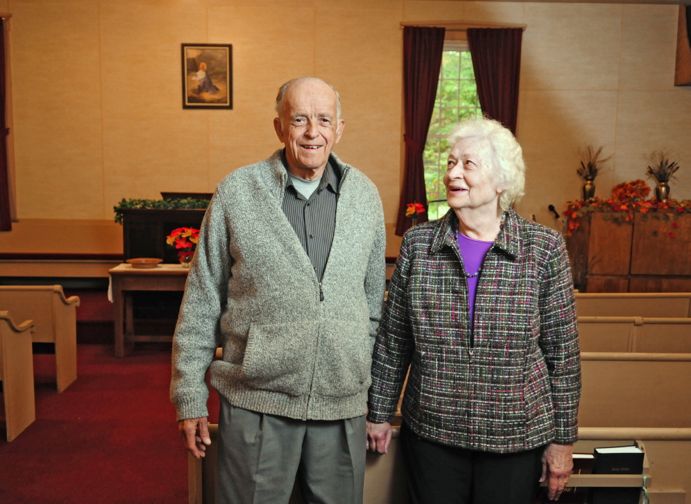 Ella and the Rev. Fred Benner stand inside Wayside Chapel on Wednesday in West Gardiner. The couple has been running the independent community church at corner of Neck and Collins Mills roads for 59 years.
