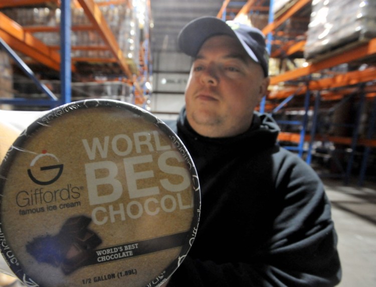 Todd Parker, shipping and receiving manager at Gifford’s Ice Cream manufacturing plant in Skowhegan, holds a package of chocolate ice cream ready to ship on Thursday. Gifford’s Ice Cream recently was honored as the maker of the best chocolate ice cream entered in a contest conducted by a Wisconsin trade group.