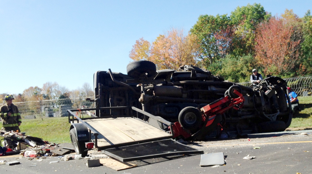 A pickup truck and a dump truck collided Thursday on Route 43 in Anson, inflicting head injuries on the pickup’s driver.