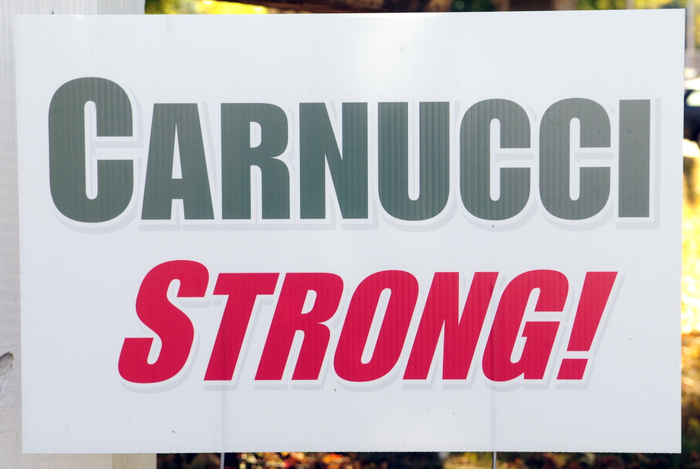 Signs with the Carnucci Stong slogan in support of Jaime Carnucci were on display Thursday at the Winthrop police station where Jaime Carnucci’s mother, Charle Clark, works. The signs have sprung up around town since Augusta, when Carnucci suffered a spinal cord injury in a diving accident.