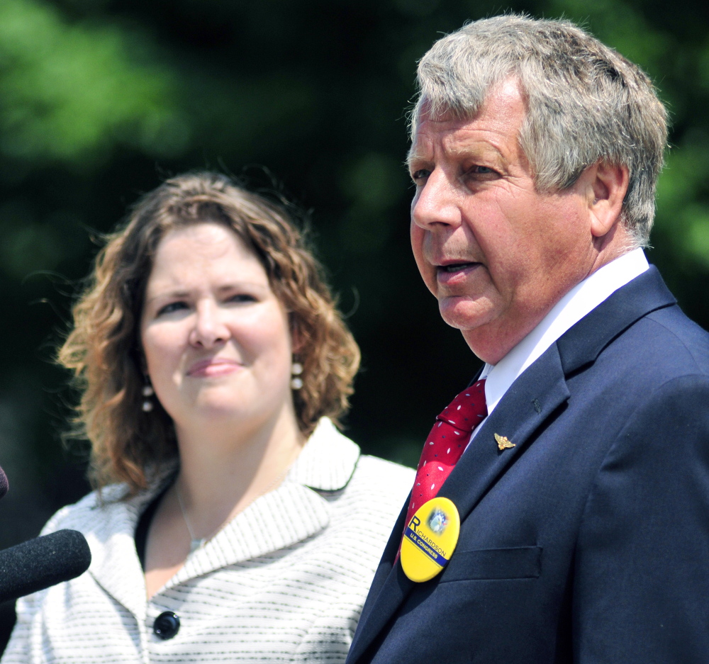 Independent candidate Blaine Richardson appears at a joint appearance with Democratic candidate Emily Cain on July 31 outside the State House in Augusta.