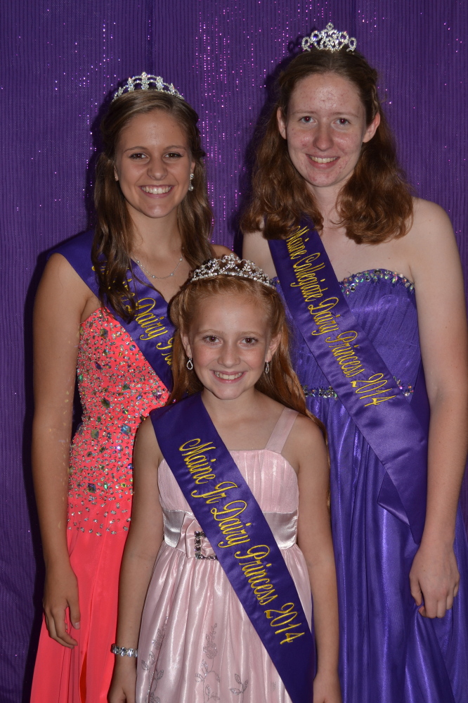 The 8th Annual Clinton Maine Dairy Princess Pageant winners in three divisions, Junior, Senior and Collegiate, were recently named. The Junior Division princess was Alizabeth Dumont, in front, from Albion sponsored by Island View Farm. The Senior Division princess was Kaicey Conant, left, from Canton sponsored by Conant Acres Farm. The Collegiate Division princess was Leah Caverly, right, from Clinton sponsored by Deer Hill Farm, Caverly Farms LLC and Cargill feed and Nutrition.