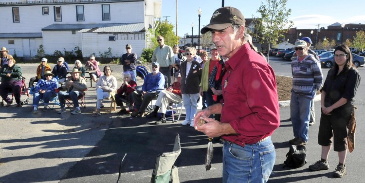 Barry Dana addresses a group of 60 people who turned out in Skowhegan to mark Indigenous Peoples Day, which was purposely planned to coincide with Columbus Day to draw a comparison between the value indigenous people bring to society and the suffering Native Americans endured in the wake of Christopher Columbus’ arrival.