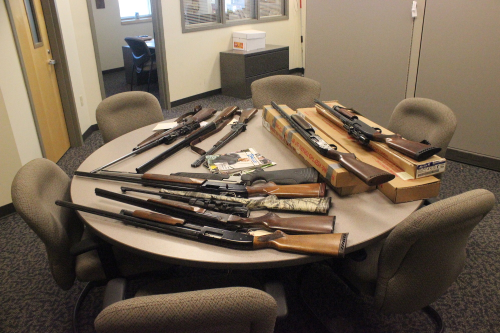 Contributed photo
Guns that were stolen from a Rockwood homeowner are displayed in the Somerset County Sheriff’s Department. The homeowner’s stepson, Jason Oliver, was charged with the theft.