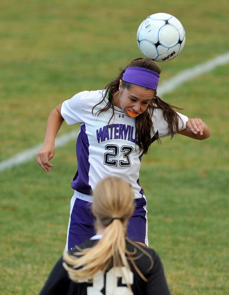 Waterville Senior High School’s Pilar Elias heads a ball during a game against Maranacook this season. Elias has a team-high 32 goals this fall and more than 100 in her career.