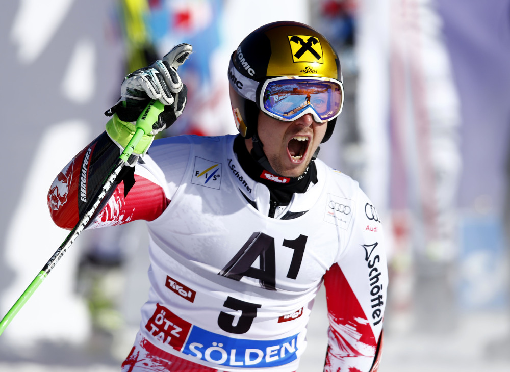 Austria’s Marcel Hirscher celebrates in the finish area after winning an Alpine men’s World Cup giant slalom in Soelden, Austria, on Sunday.