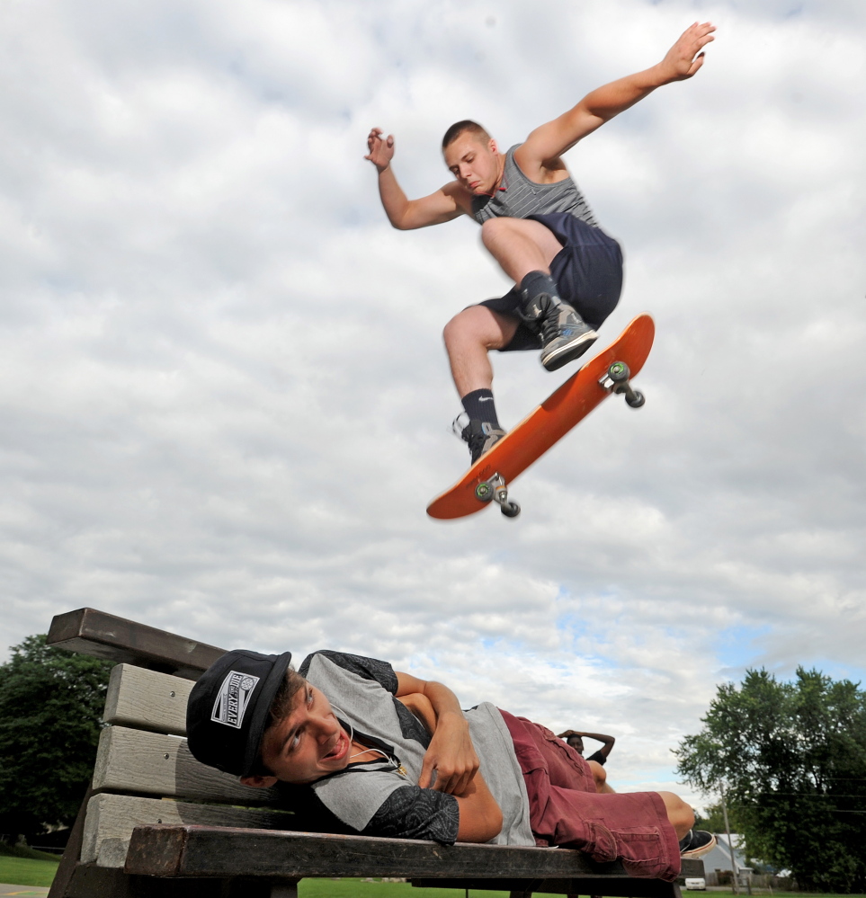 Dillan LaBrie, 19, of Waterville, performs a jump at Sherman Street Park in Waterville in August.