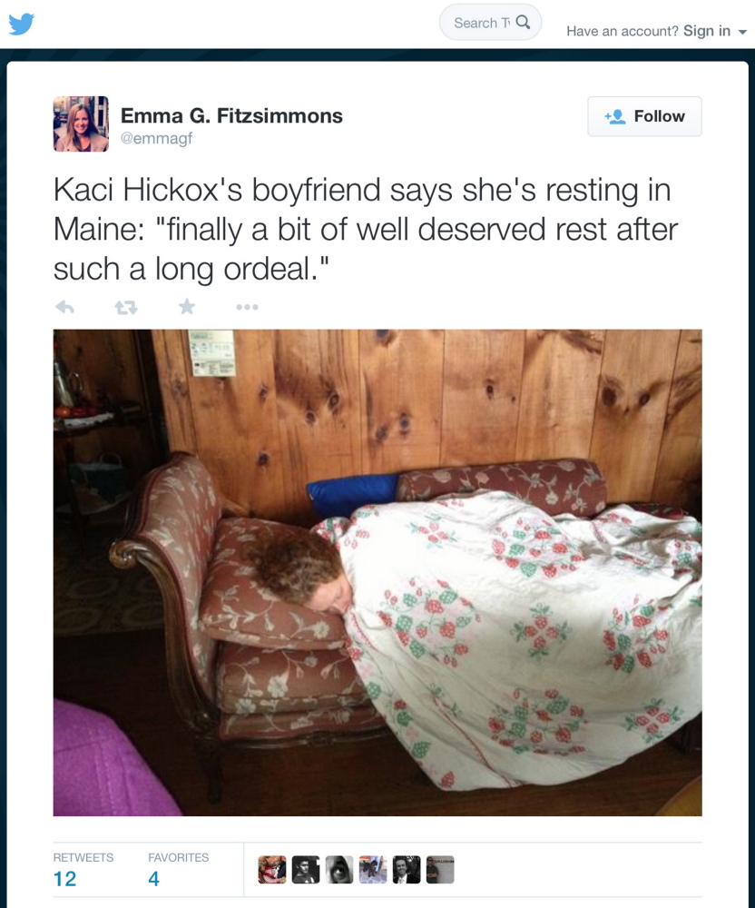A photo showing nurse Kaci Hickox resting at an undisclosed location in Maine was taken by her boyfriend and tweeted by Emma Fitzsimmons, a New York Times reporter, on Tuesday.